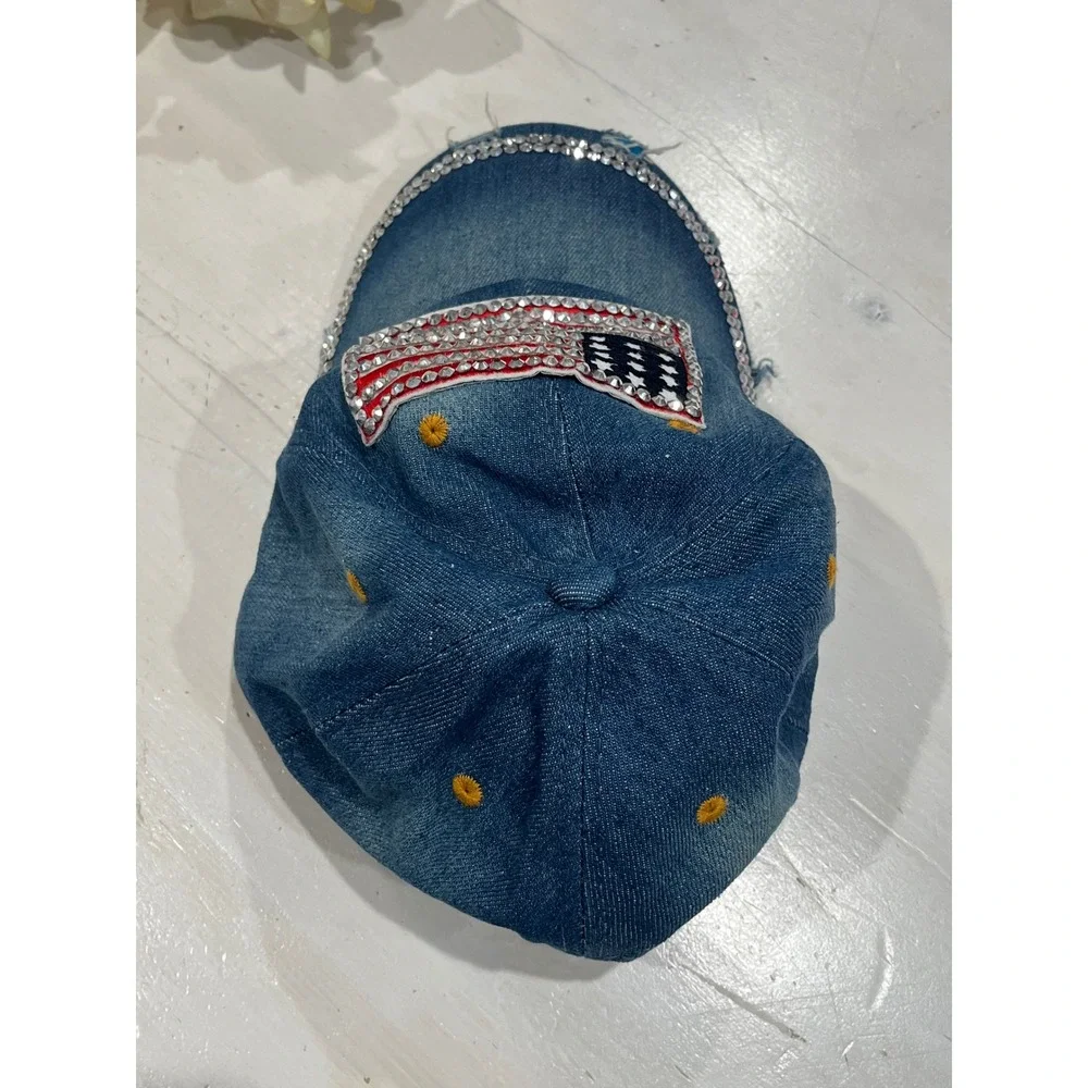 Denim Baseball Cap American Flag Rhinestone Embellished‎ Distressed Adjustable